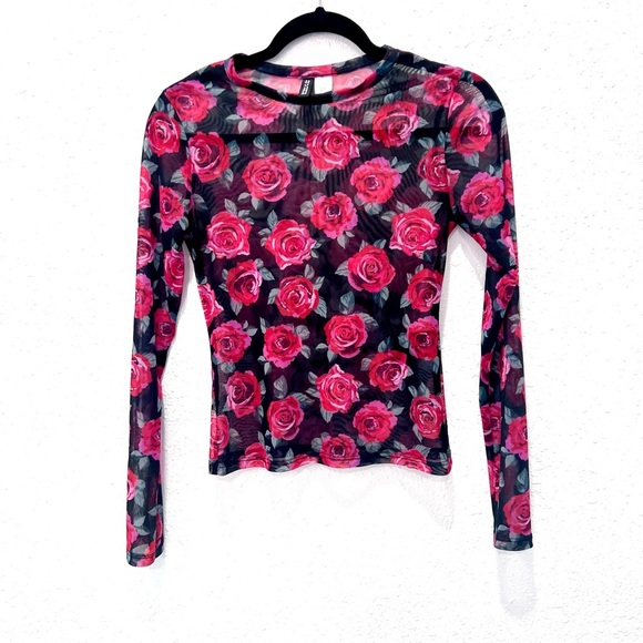 Pink Fitted Long sheer Sleeve Blouse with Floral Design small - Picture 1 of 2